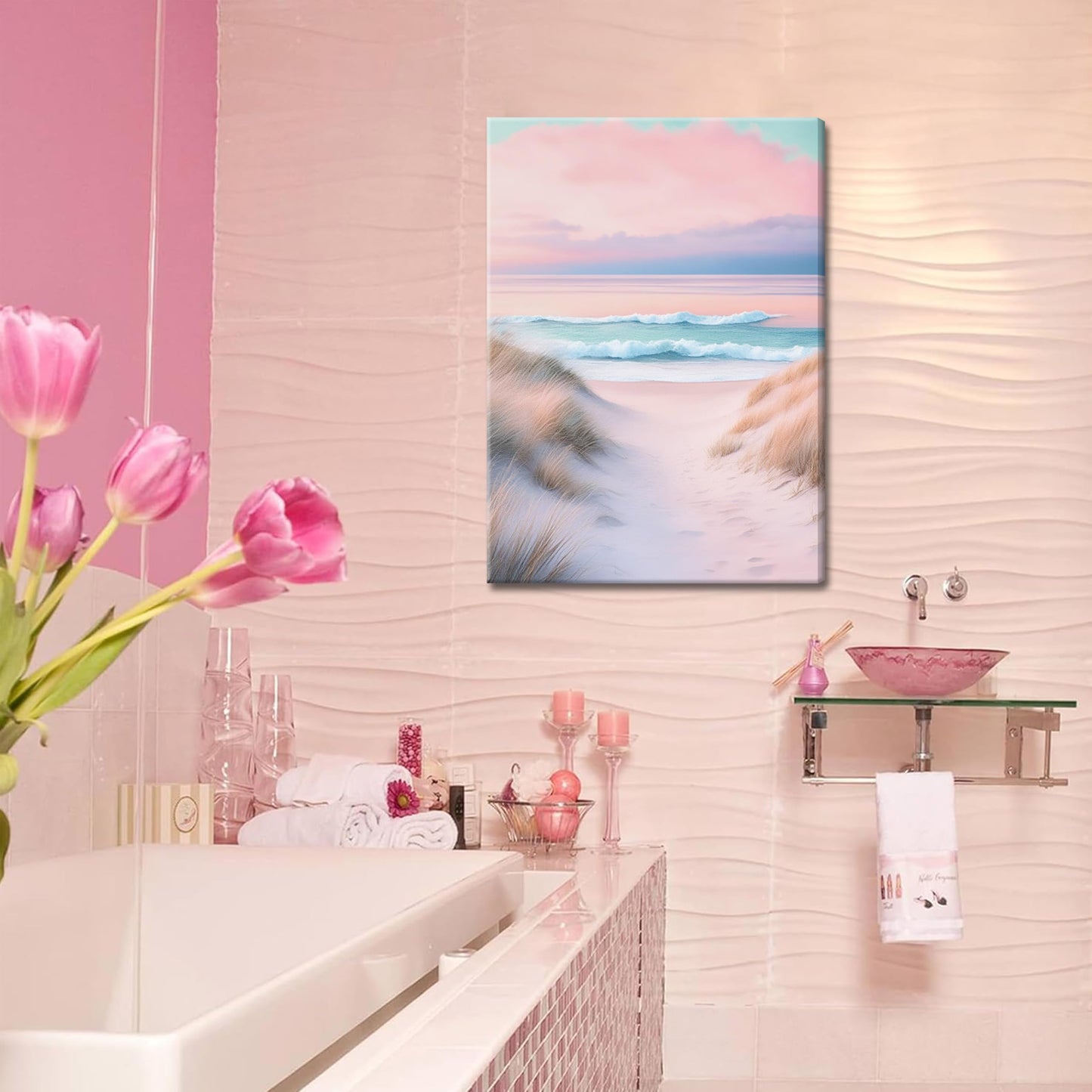 Preppy Coastal Canvas Wall Art Set of 3, Trendy Pink Beach Wall Decor Paintings, Summer Beachy Shells Oyster Aesthetic Posters Prints Pictures for Girls Room Dorm Bathroom Bedroom 12x16 Inch Framed