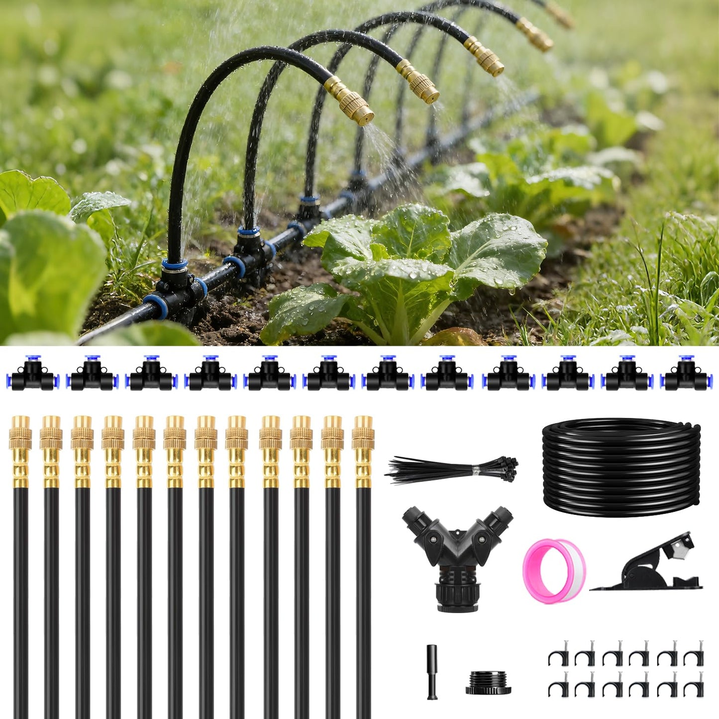 50FT Drip Irrigation System, 2026 Upgrade Garden Watering Kit with 12pcs 360° Adjustable Copper Nozzles, Automatic Atomizing Sprinkler System for Raised Beds, Lawn, Greenhouse, Outdoor Plants (50 ft)