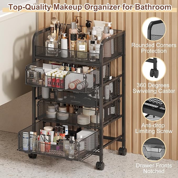 Hongtamoya Makeup Cart Organizer with 4 Drawers, Vanity Storage Organizer, Large Floor Skincare Organizers Cosmetics Display Cases for Skin Care Perfume Nail Polish, Black