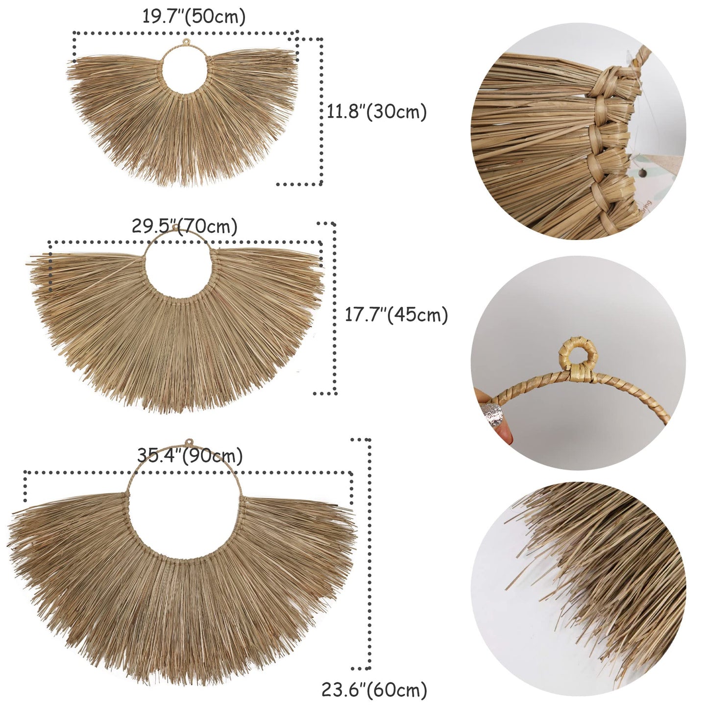 PEMAR Rustic Boho Wall Hanging Decor: Set of 3 Woven Seagrass Fans - Perfect for Living Room, Bedroom & Headboard Art (XL: 35.4" D, L: 27.6" D, M: 19.7" D)