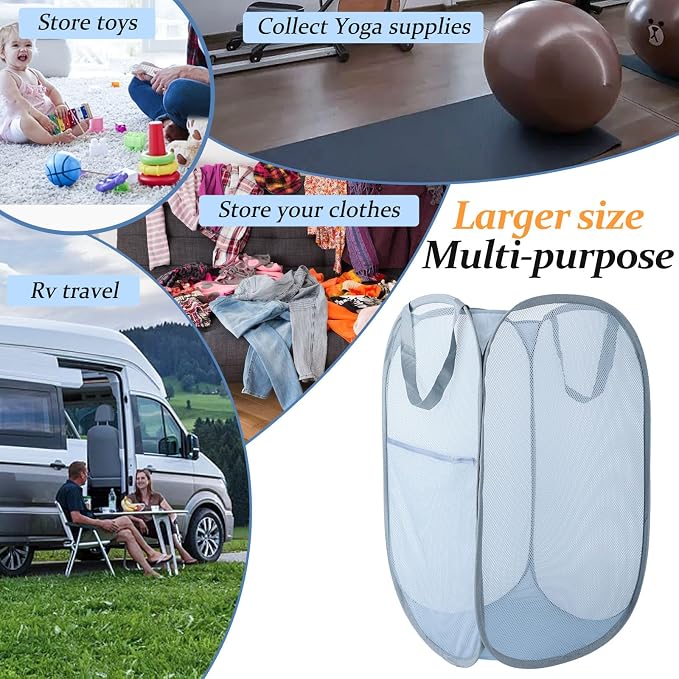 Upgraded 100L Extra Large Collapsible Laundry Hampers. Pop Up Laundry Basket Mesh with Pocket, Fold Compact, Large Hold Portable Travel Laundry Bag for Dorm Storage Bin, Grey. V