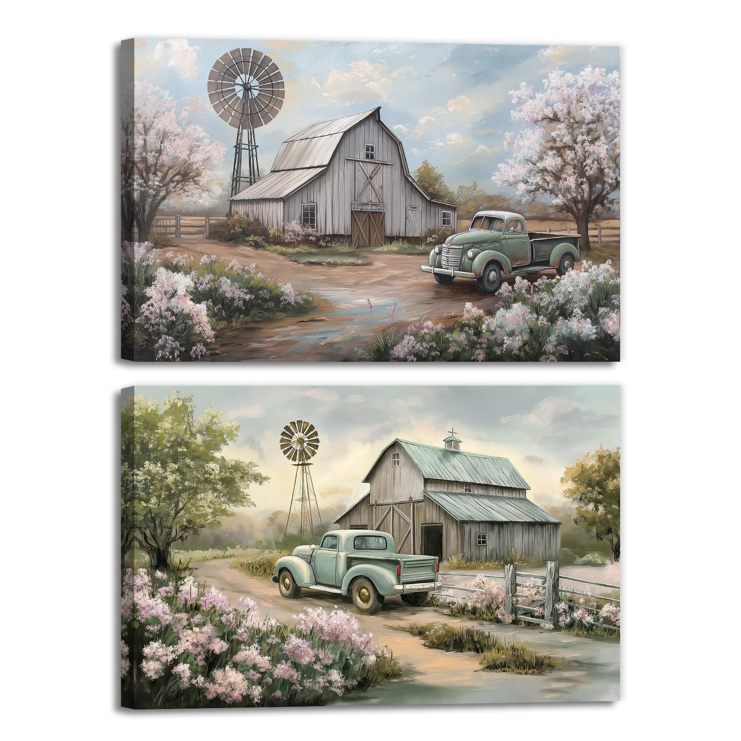 OAAPITI Barn Canvas Wall Art 2 Panel Rustic Farm Nature Landscape Pictures Wall Decor Retro Pink Flower Field Windmill Posters Artwork For Bathroom Bedroom Living Room(Artwork-2,12"x16"x2pcs)