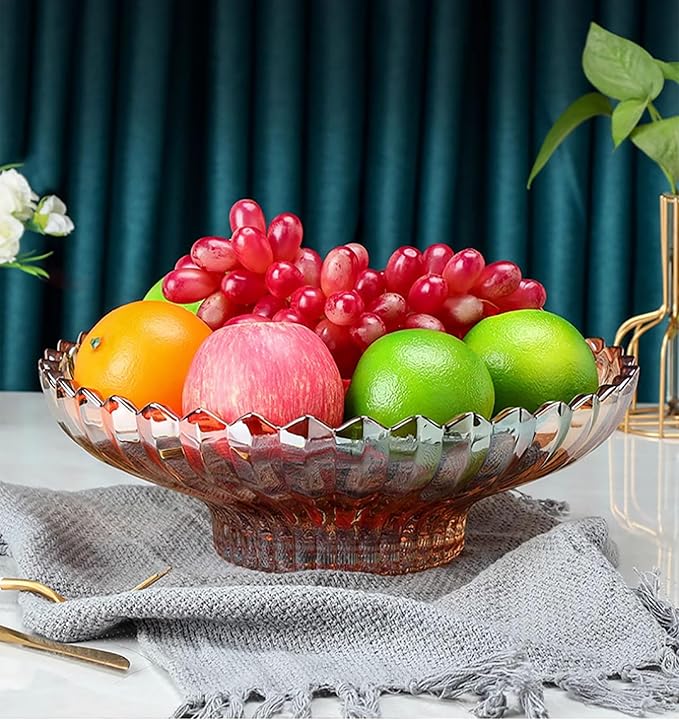 Glass Fruit Bowl or Decorative Bowl, used for Kitchen counter or living room center table decoration, 12.5 inch Fruit Bowl or Center Bowl (Amber)