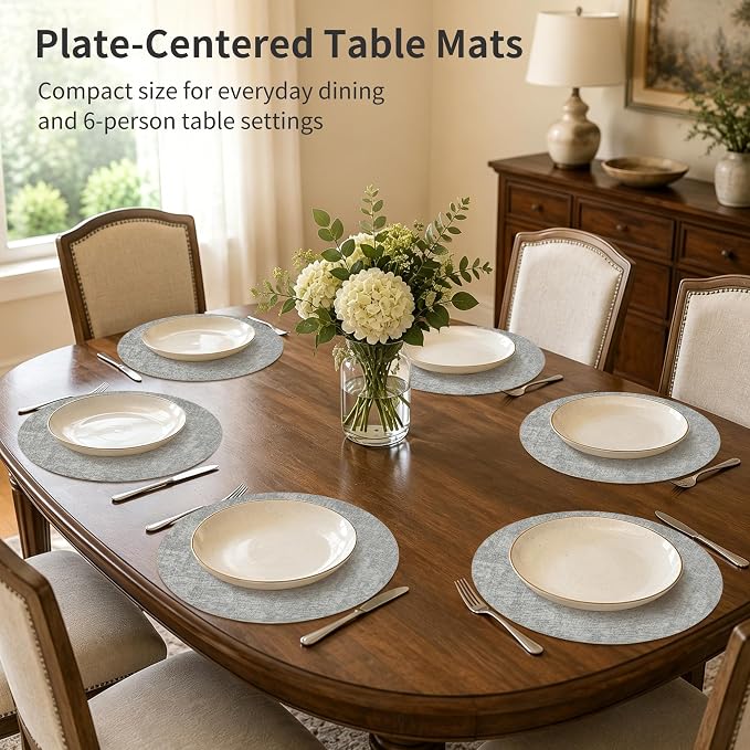 Maxpearl Round Placemats Set of 6, 13.8 inch Faux Leather Heat Resistant Table Mats, Non Slip Waterproof Wipeable Place Mats for Kitchen Dining Holiday Party Table Settings, Grey