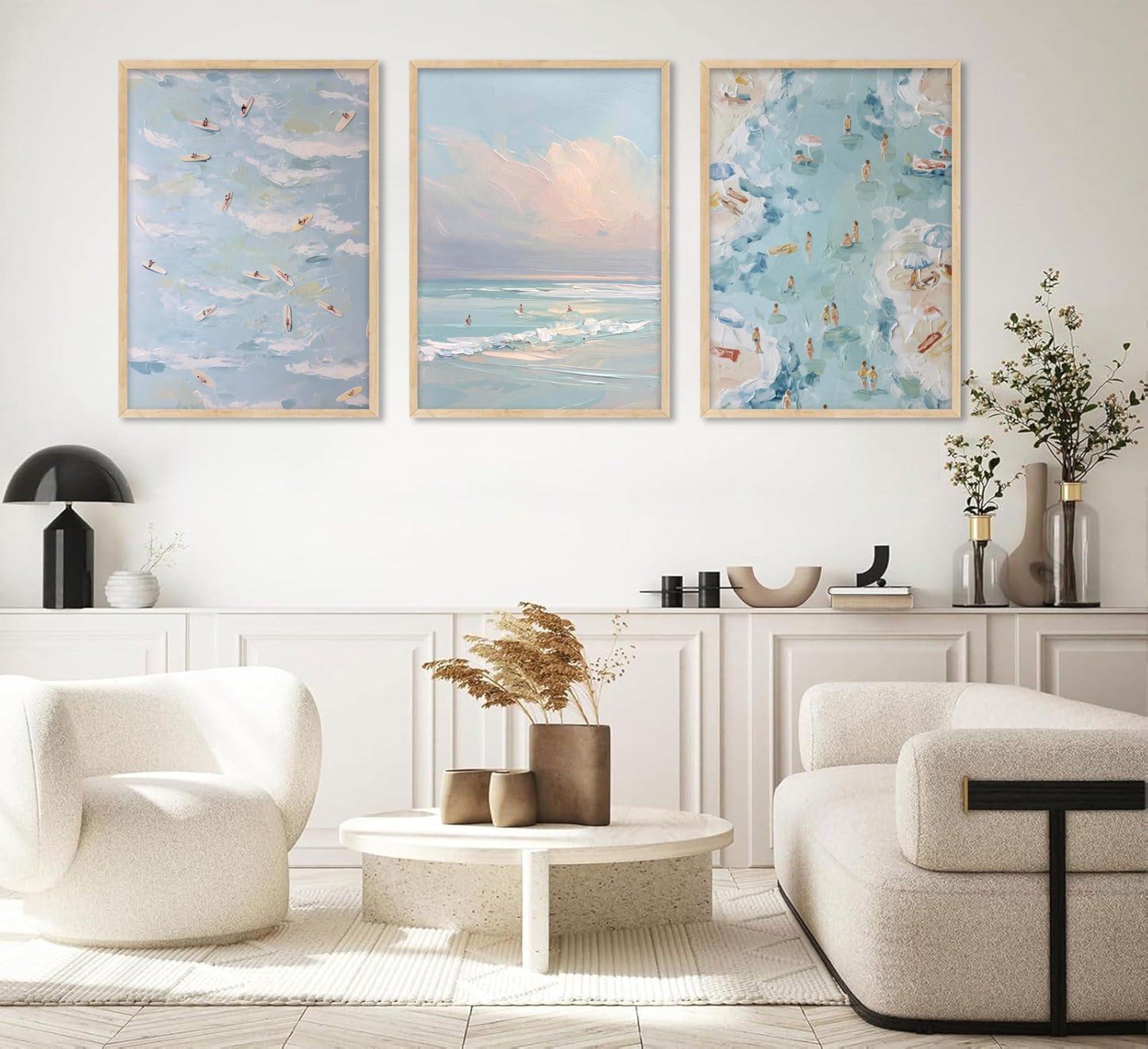 Blue Ocean Wall Art Coastal Surf Poster Beach Vacation Picture Wall Decor Abstract Beach People Surfing Painting Seashore Canvas Print Artwork for Living Room Bedroom Apartment Decoration,UNFRAMED