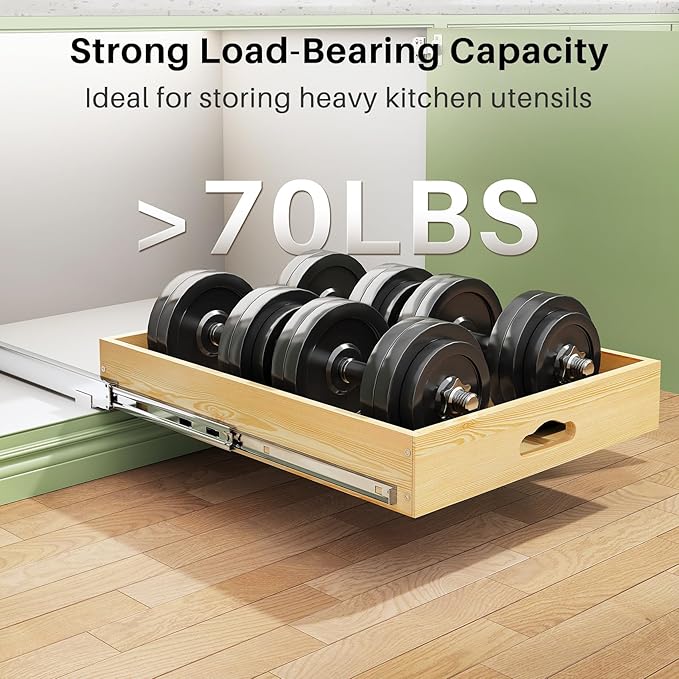 Pull Out Cabinet Organizer, Soft Close Wooden Slide Out Drawers for Pots and Pans, Full-extension Roll Out Shelves for Kitchen Cabinets, Pantry Organization, Bottom & Side Mount(17"W X 21"D x 3.4''H)