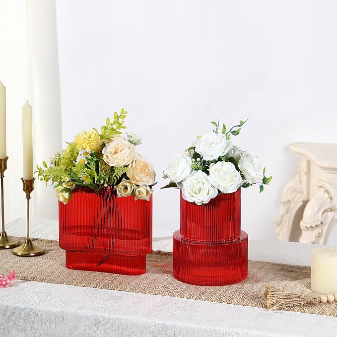 Red Glass Vases, Set of 2 Ribbed Vases for Flowers, Red Vase for Tulips, Modern Glass Vase for Living Room, Dining Table, Office, Entryway, Mantle, Bookshelf, Wedding Gifts