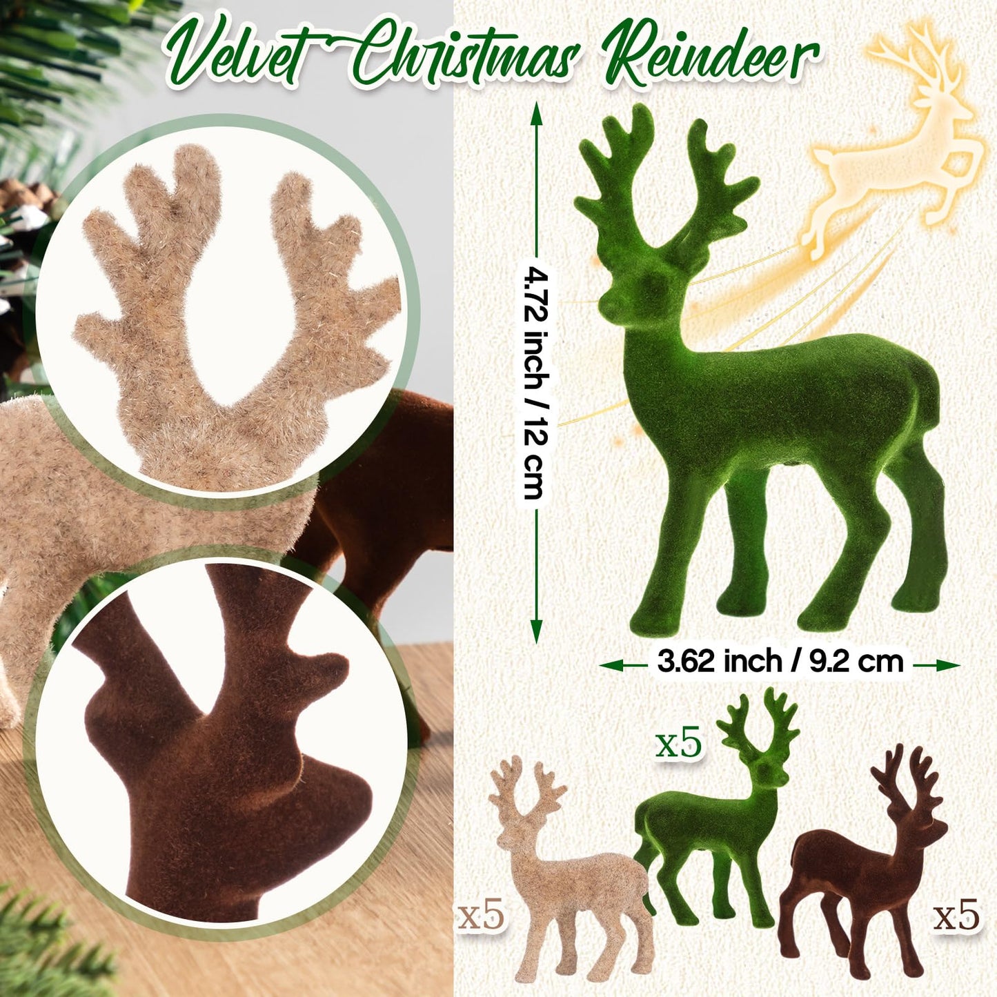 Yalikop 15pcs Reindeer Figurines Christmas Decoration Velvet Tabletop Ornaments Small Reindeer Mini Standing Deer Statues Elk Neutral Centerpiece for Home Office Fireplace Xmas Holiday Party Decor