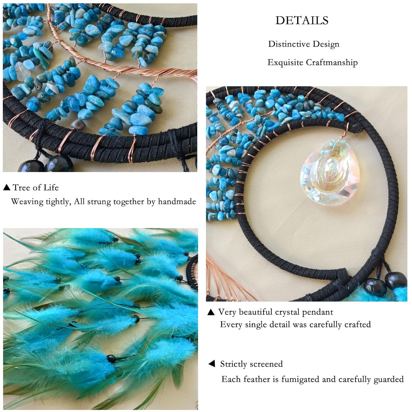 RAGKUU Blue Dream Catcher Wall Decor Tree of Life Dream Catchers with Crystal Pendant Handmade Feather Dreamcatcher Wall Hanging Ornament for Bedroom Living Room Home Decor