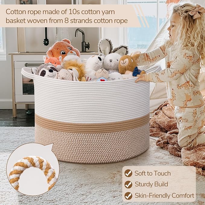 INDRESSME 115L Extra Large Cotton Rope Basket, Woven Baby laundry Blanket Basket for Home Decor Living Room Nursery, Toy Storage Baskets for Kids Boys Girls, White & Camel Mix