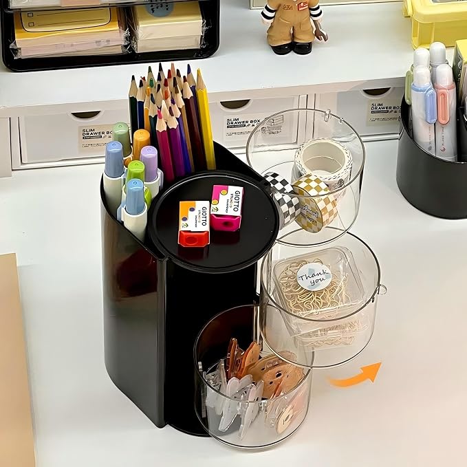Azurphoric Hair Accessories Organizer with Hair Brush Holder, Rotatable Makeup Brush Holder for Necklaces, Earring, Bracelet, Ring, Makeup Brushes, Hair Clip and Hair Accessories (Black, 3-Layer)