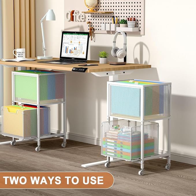 Tiaoheka Rolling File Cart, Mobile File Cabinet with Wheels Hanging Files, Hanging File Organizer Fit Letter/Legal Size Beside Under Desk for Office, Home White（Patent Pending）