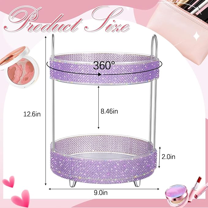 Honeydak 360 Rotating Perfume Organizer Gift for Women, Rhinestone Preppy Skincare Organizer Bathroom Counter Makeup Holder Skincare and Perfume Storage for Cosmetic(2 Tiers,Pearl,Purple)
