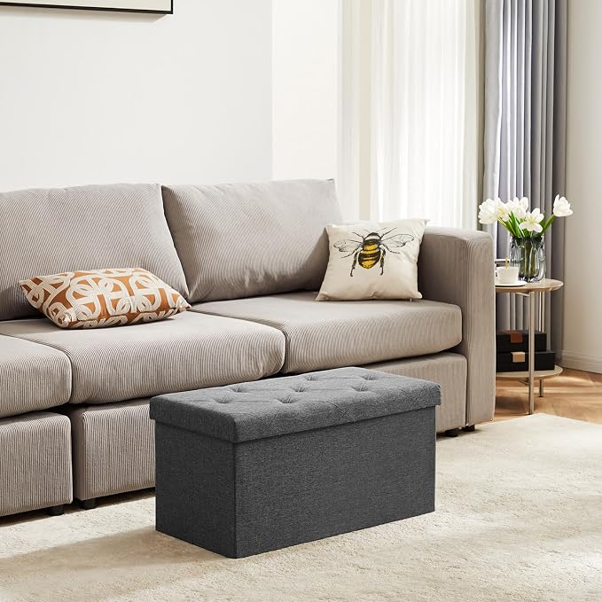 DUMOS 30 Inch Folding Storage Ottoman Bench, Large Hidden Storage Chest withThicker Foam Padded Seat, End of Bed Foot Rest Stool for Bedroom Living Room Entryway, Load 660 lbs, Grey