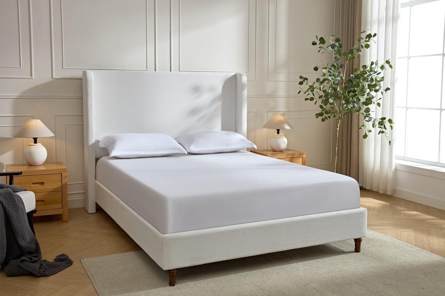 GDFStudio Tall Headboard Upholstered Bed,Queen Size Platform Bed Frame with Headboard Wingback,54" High No Box Spring Needed Easy Assembly Elegant Simplicity Cream White Chenille