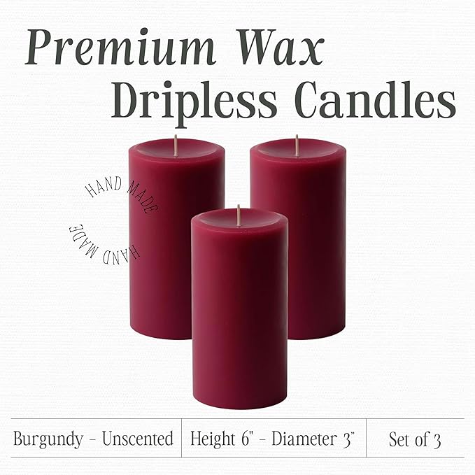 Mister Candle Dripless Unscented Pillar Candles, Set of 3 Hand Poured Burgundy Pillar Candles, Solid Color Non-Scented Candles for Home Decor, Premium Wax, 80 Hr Burn Time, 3x6 Inch