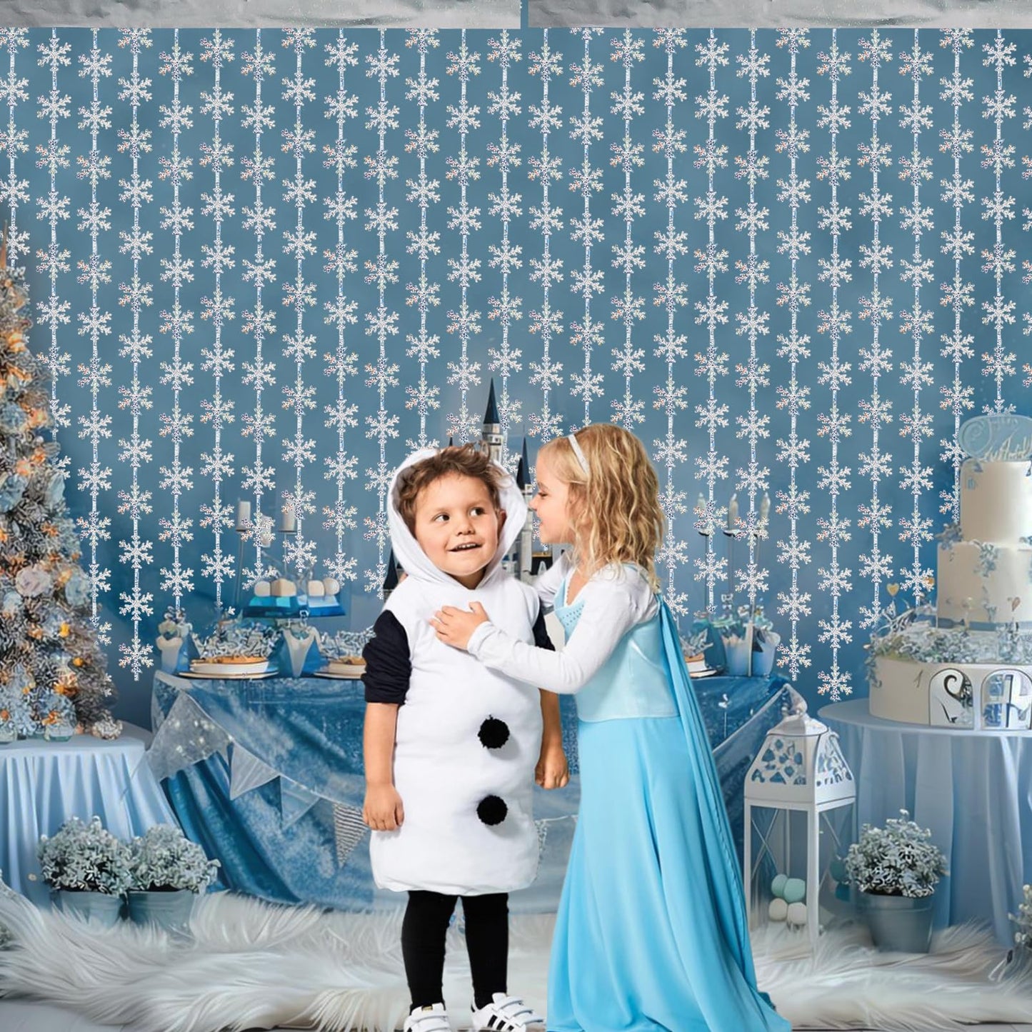 Winter Wonderland Party Snowflake Decorations, 3.3x6.6ft Iridescent Silver Snowflake Tinsel Foil Fringe Curtains Backdrops Photo Props for Xmas Winter Frozen Birthday Party Supplies, 2 Pack