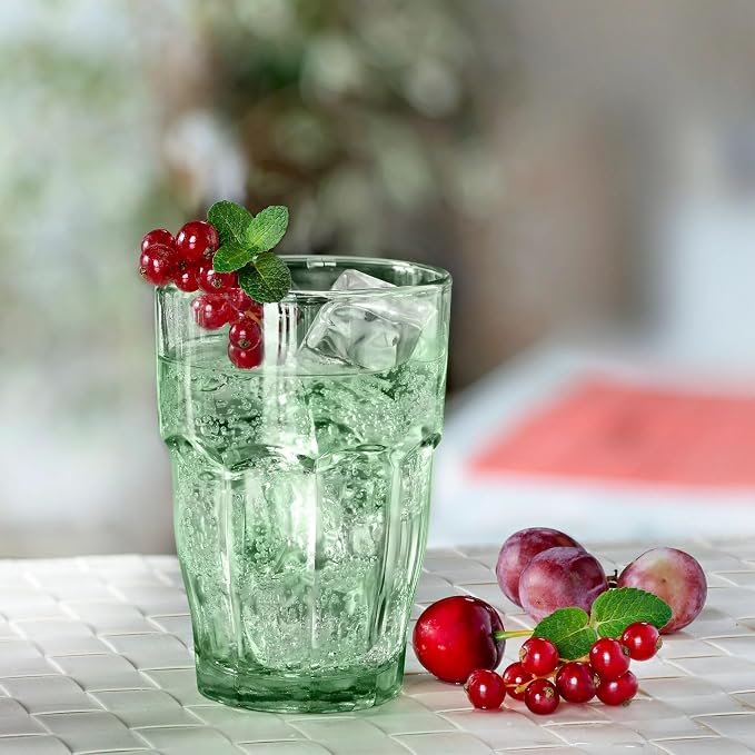 Bormioli Rocco Rock Bar 12.5 oz. Long Drink Stackable Tempered Beverage Glasses for Cold Drinks, Water, and Cocktails, Set of 6, Mint Green