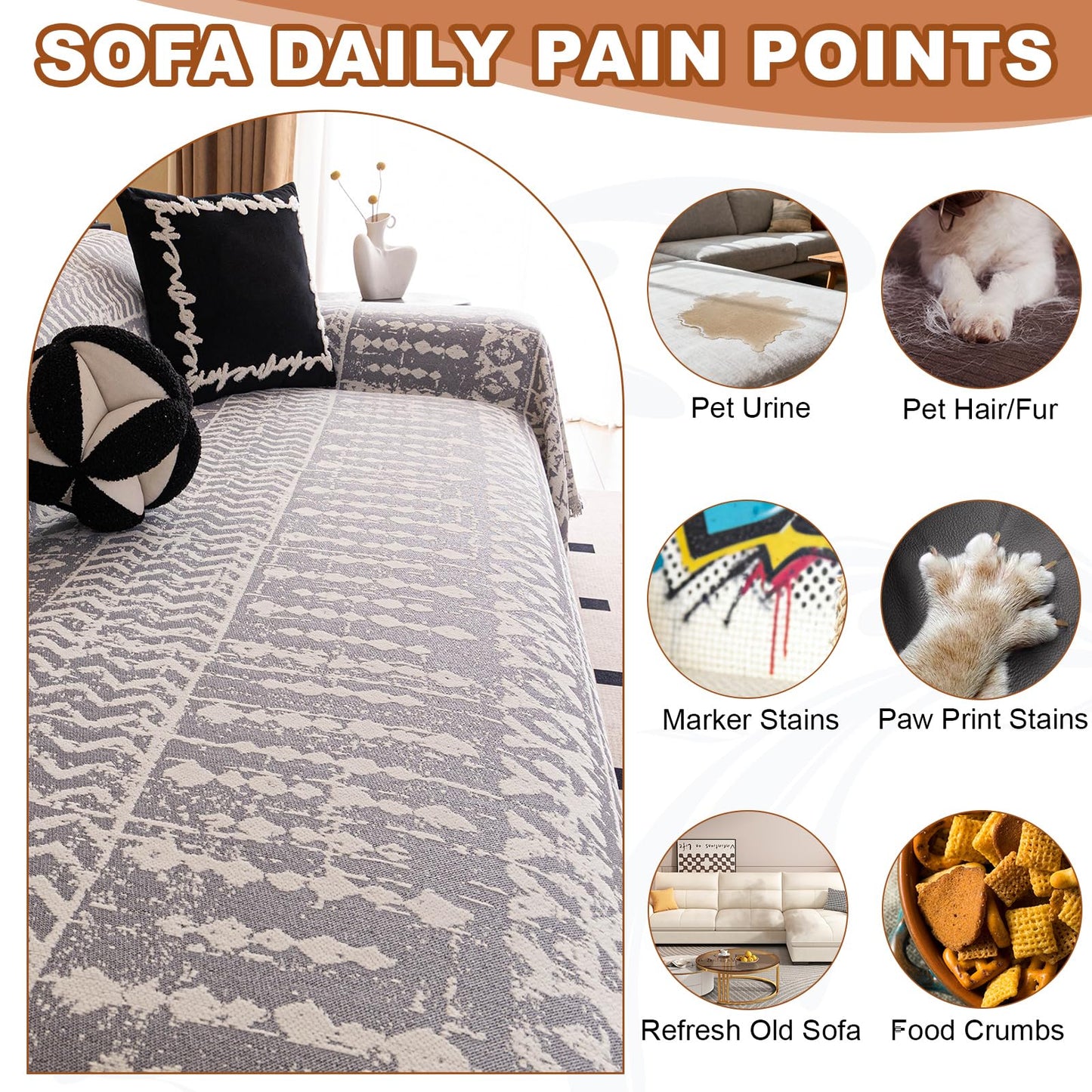 STACYPIK Thick Ethnic Geometric Sofa Cover for Loveseat, Soft Washable Gray Chenille Couch Cover for 3 Cushion Couch, L Shape Sofa Slipcover for Living Room, Multi-use Couch Cover Blanket-71X150IN