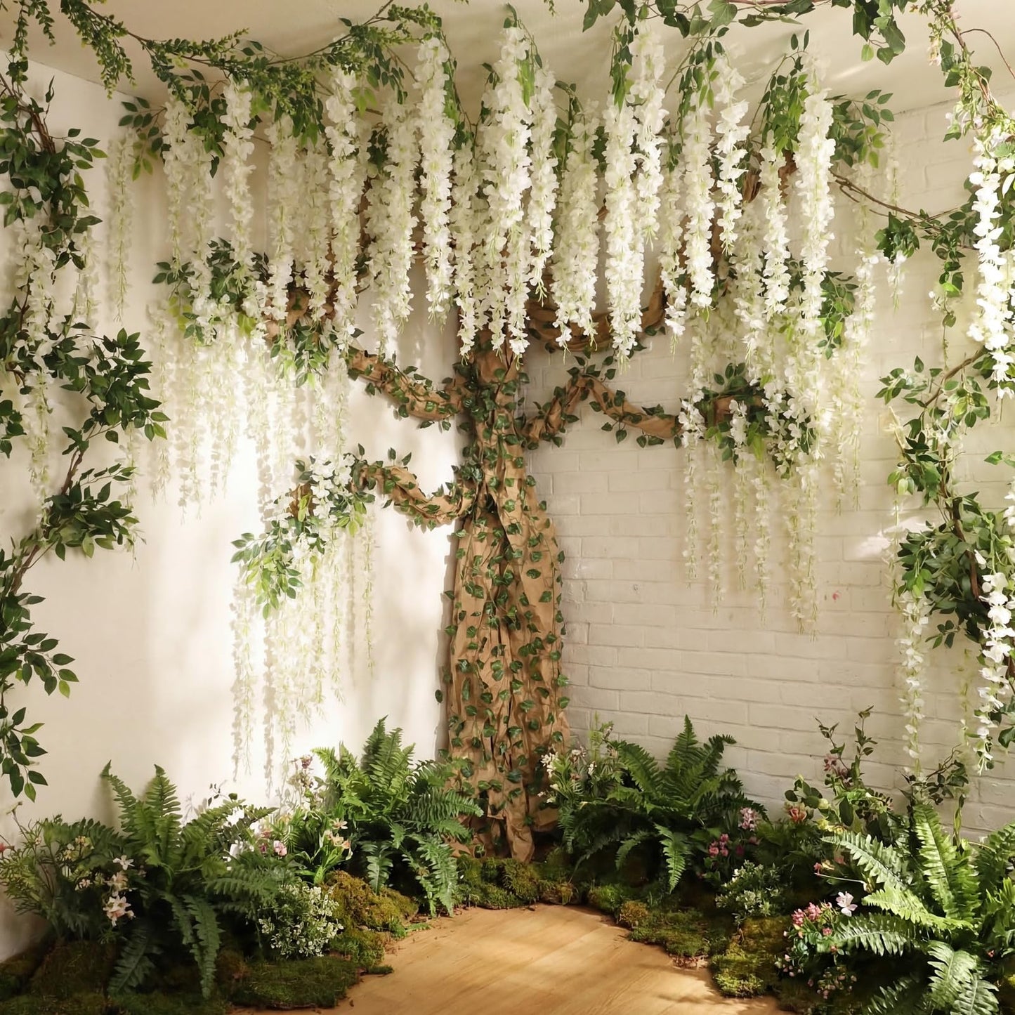 XunYee 3D Wisteria Tree Wall Decor for Room Classroom Ceiling Artificial Wisteria Hanging Flowers DIY Cardboard Paper Tree with Green Vine Kraft Paper Fairy Bulletin Board Decorations(White)