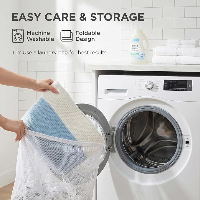 JMvicyroam 115L Extra Large Blanket Basket for Living Room - Woven Cotton Rope Laundry Hamper with Reinforced Handles - Storage Bin for Pillows, Comforters & Toys - Machine Washable,White&Blue