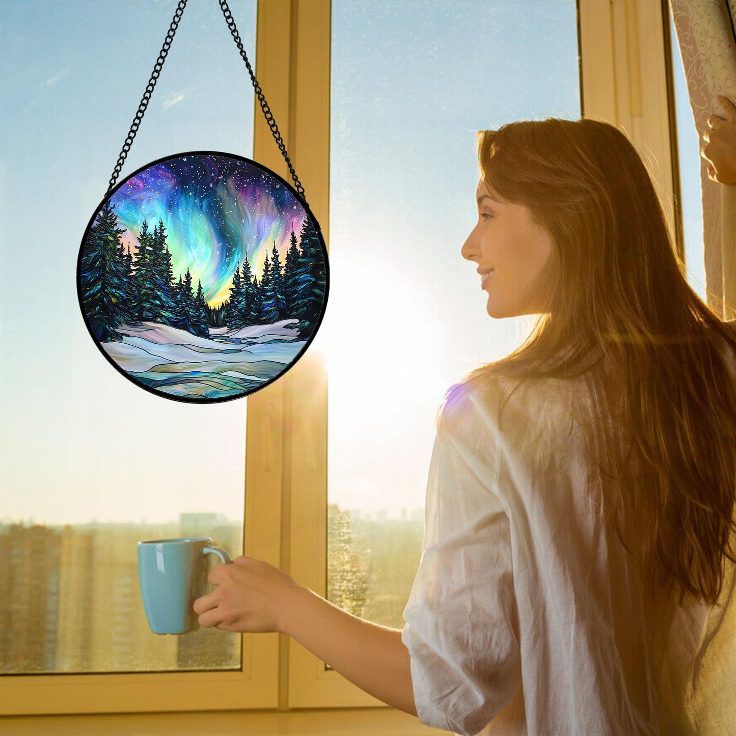 DASTOLL Stained Glass Window Hanging, Aurora Landscape Sun Catchers Glass Panel Green Trees Suncatcher Decor for Birthday for Women, Men, Wife, Aunt, and Mom 7.8 in