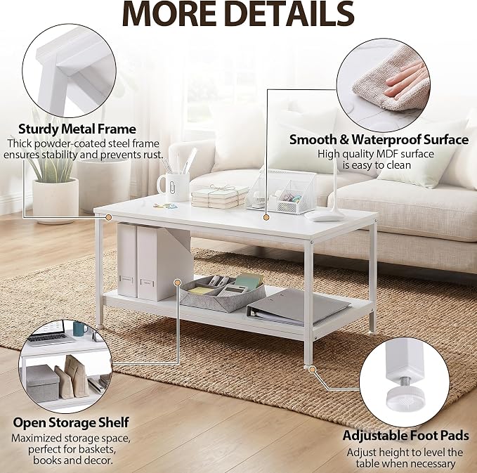 SUPER DEAL 2-Tier Industrial Coffee Table with Storage Shelf for Small Apartment Living Room, Rectangle Wood and Stable Metal TV Stand Side End Table, White Marble