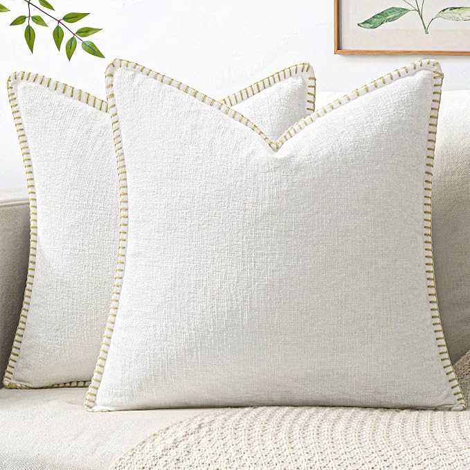 MIULEE Pack of 2 Pillow Covers 20x20 Inch Pure White Farmhouse Decorative Throw Pillow Covers with Stitched Edge Soft Chenille Solid Dyed Couch Pillow Covers for Sofa Bed Living Room