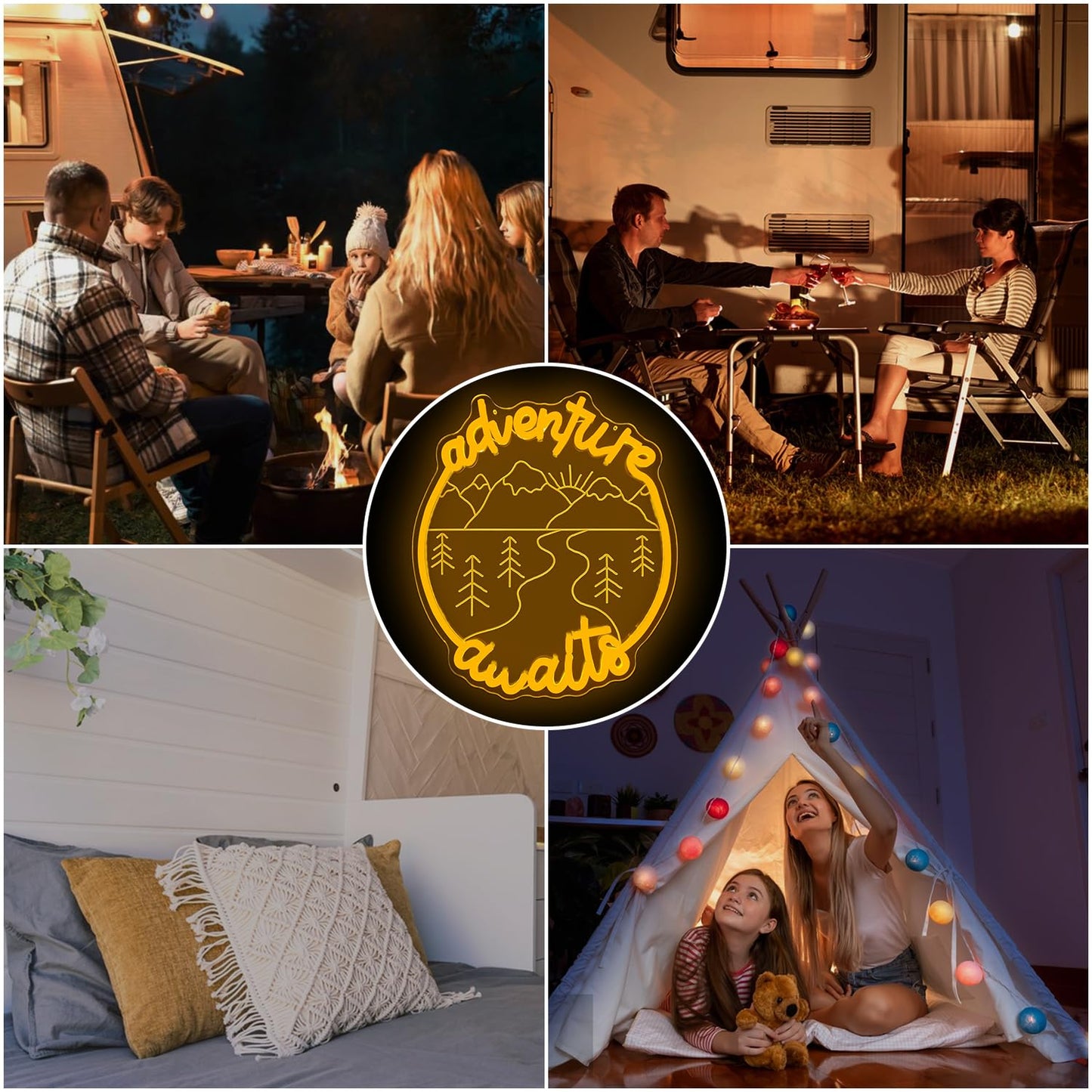 Jeanchrl Adventure Awaits Neon Sign Dimmable Camping Neon Lights for Recreational Vehicle Decor Yellow LED Signs for Camping Party Decorations Adventure Neon Light Sign Gifts for Camping Lovers