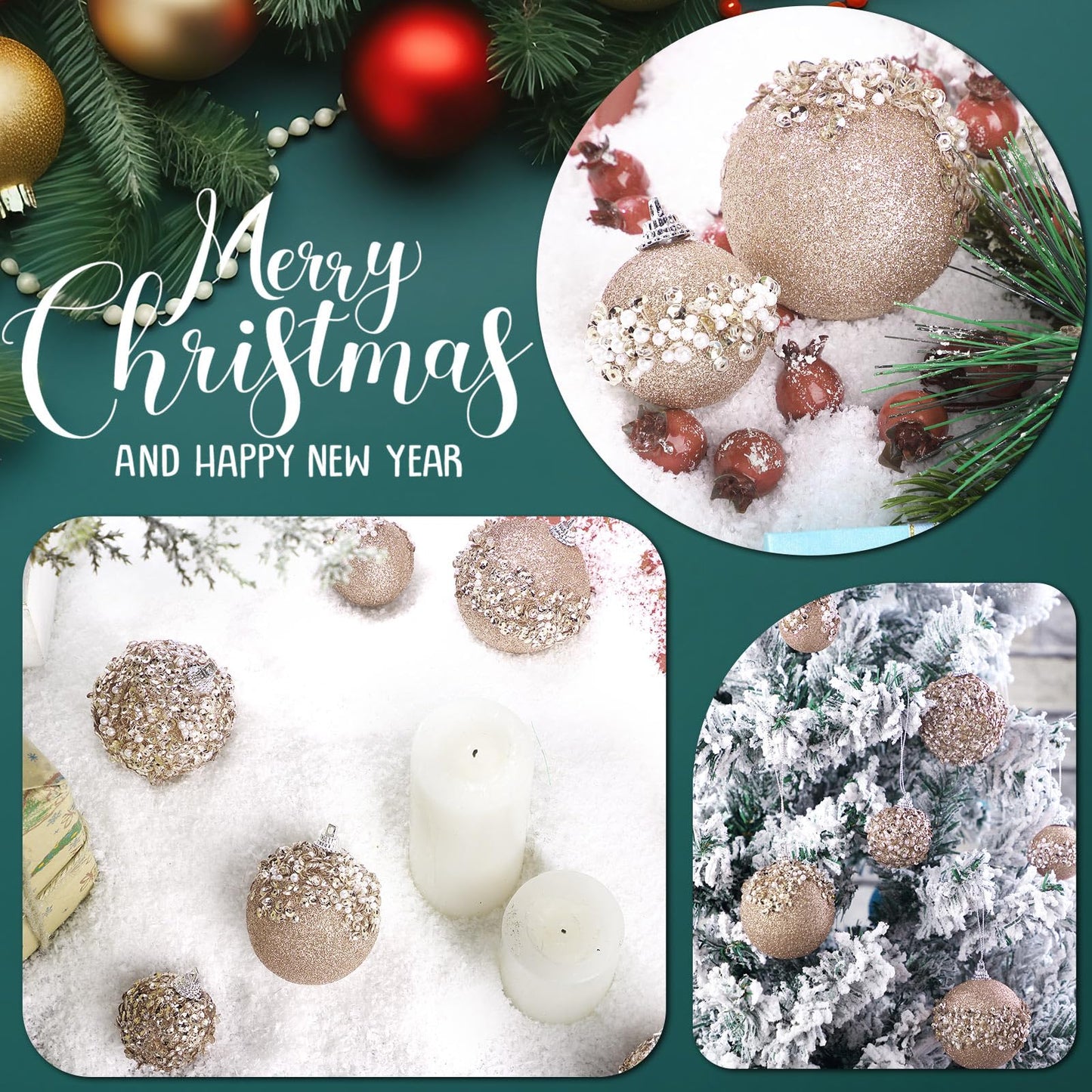 Poen 24 Pcs Glitter Christmas Ball Ornaments Set Christmas Tree Ornaments Hanging Sequin Foam Xmas Balls Decoration for Xmas Tree Wreath Garland Home Decor Wedding Party(Champagne)
