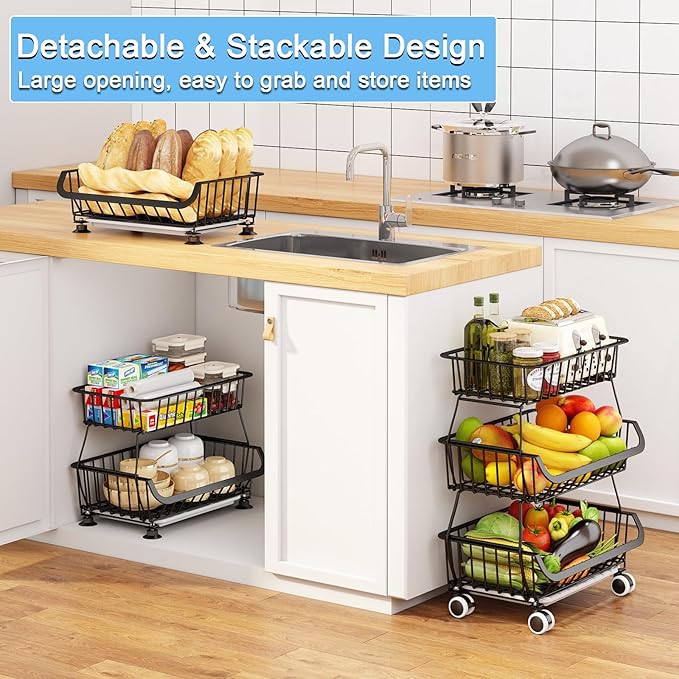 3-Tier Rolling Pantry Floor Organizer, Stackable Pantry Storage Cart with Wheels, Metal Wire Pantry Baskets, Kitchen Fruit Basket Stand, Vegetable Storage Rack for Fruits Snacks Onions Potatoes,1 Pack