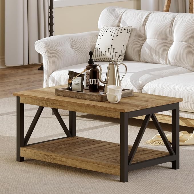 ChooChoo Farmhouse Coffee Table with 2-Tier Storage, 40-Inch Rectangular Wooden Center Table for Living Room, Rustic Oak & Black