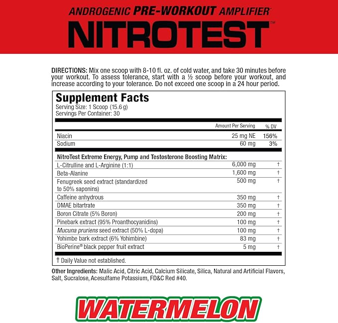 MuscleMeds Nitrotest Pre-Workout Supplement Drink, Boost Nitric Oxide, Testosterone, Watermelon, 30 Servings, 1.03 Pound, 1 Count