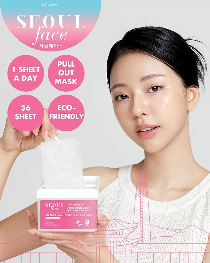 DERMAL Seoul Face Ceramide 3X Daily Quick Mask 36 Sheet ??Korean Skincare Vegan Tencel Facial Masks - Intensive Moisturizing, Elasticity Mask Sheets with Hyaluronic Acid, Panthenol, Adenosine