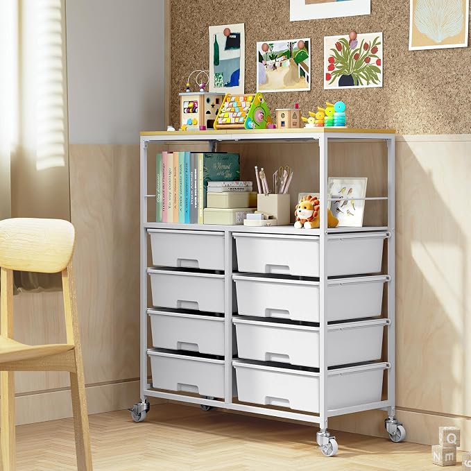 Rolling cart with 8 drawers,Storage drawer cart with wooden tabletop,Lockable wheels organizer for homeschool, arts & crafts, classroom, office & creative spaces (White)