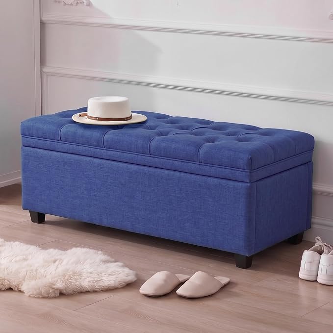 Mangodan 43" Storage Ottoman Bench, Tufted Ottoman with Storage for Living Room, Large End of Bed Ottomans, Modern Entryway Benchs, Window & Bedroom Benches for Foot of Bed (Blue)
