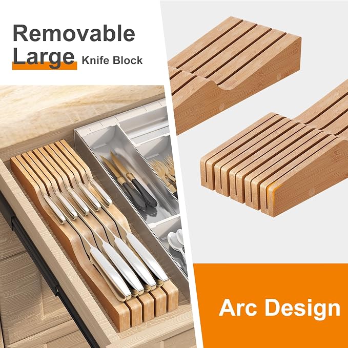 In-Drawer Knife Block Organizer - Bamboo Wood Drawer Knife Organizer-Protecting Knife Organizer Block (Not Included) (Natural, 9 Knives Dock)