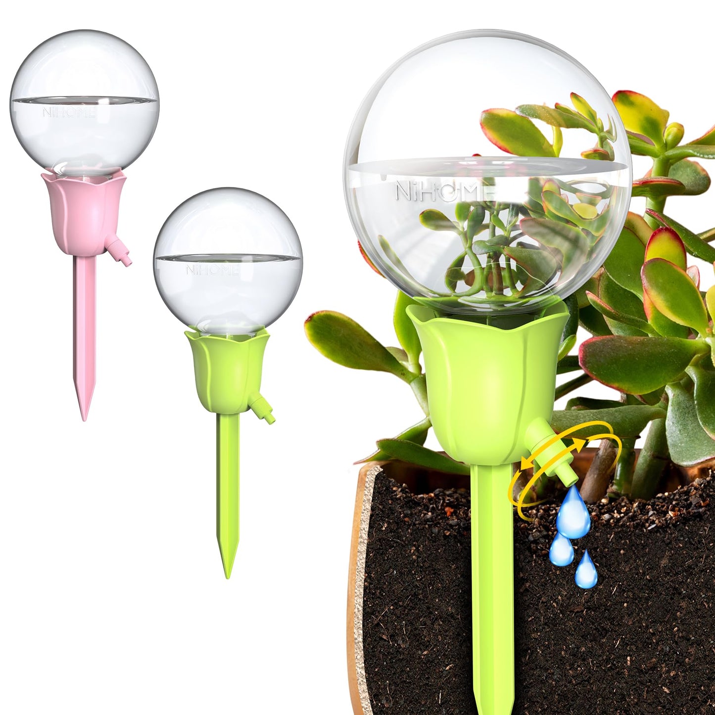 NiHome 2PCS Self-Watering Globes for Indoor & Outdoor Plants, Adjustable Flow Automatic Drip Irrigation Bulbs w/Tulip Stakes for Potted Plants, Succulents, Hanging Baskets, Gardens (Pink + Green)