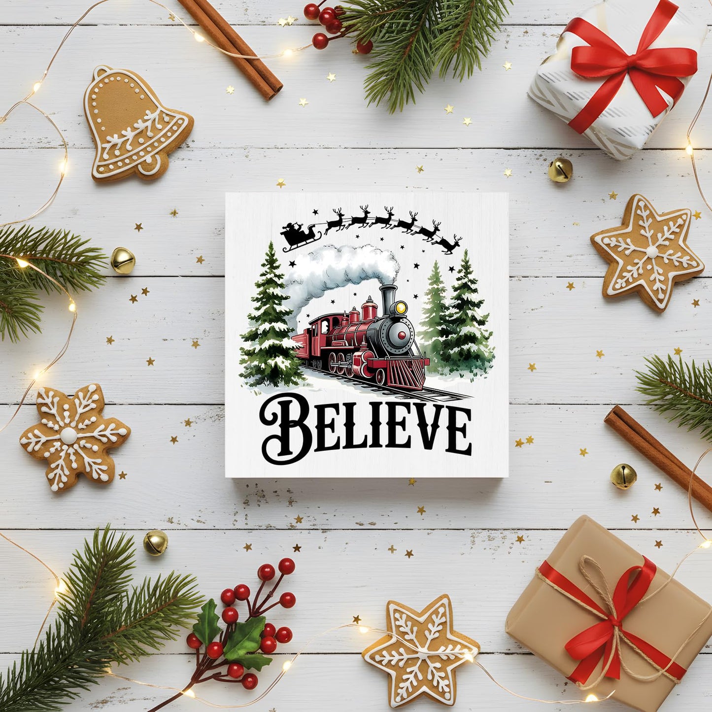 WIKERL Merry Christmas Wooden Box Sign Plaque, Santa Sleigh Decor Believe in Tree Wood Block Sign, Train Winter Holiday Decoration for Home Office Desk Table Shelf Wall