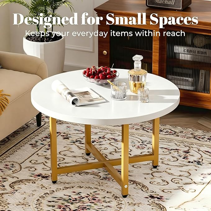 FAMIDGE Round Coffee Table, Small Coffee Tables for Living Room, Wood Coffee Table with Metal Frame, Floor Table Desk for Sitting on The Floor, Home, Office, Farmhouse, White & Gold (23.6"D x 17.7"H)