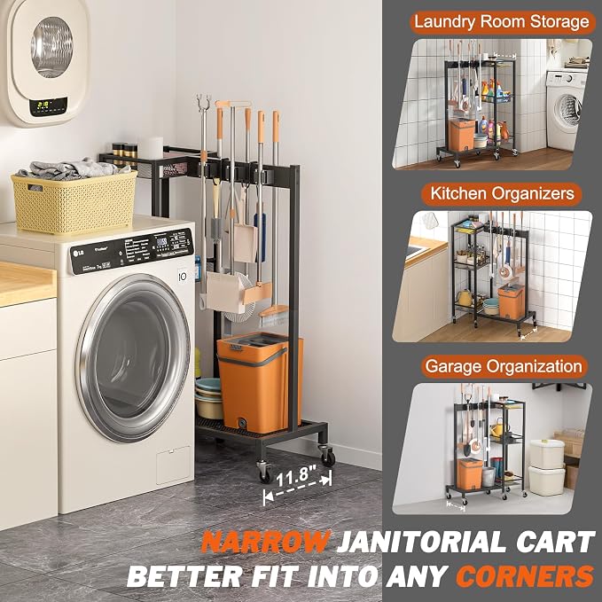 Broom Holder with Cleaning Supplies Organizer, Broom Closet Storage Cabinet with Cleaning Caddy, Cleaning Cart with Mop Hanger Gripper Rack Hooks,Janitorial Cart,Utility Carts Household Essentials