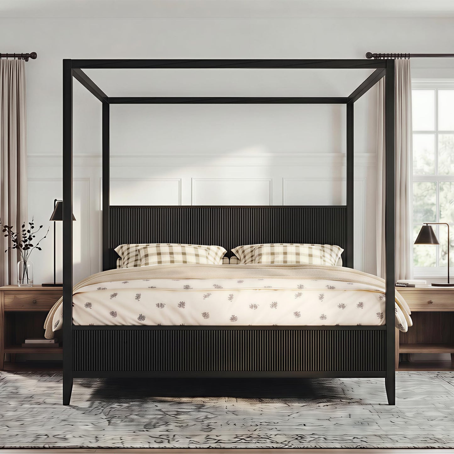 Merax Modern Luxury King Size Wooden Canopy Bed Frame with Headboard, Slats Support, Wood 4 Poster Bed Frame, No Box Spring Needed, Contemporary Bedroom Furniture, Black