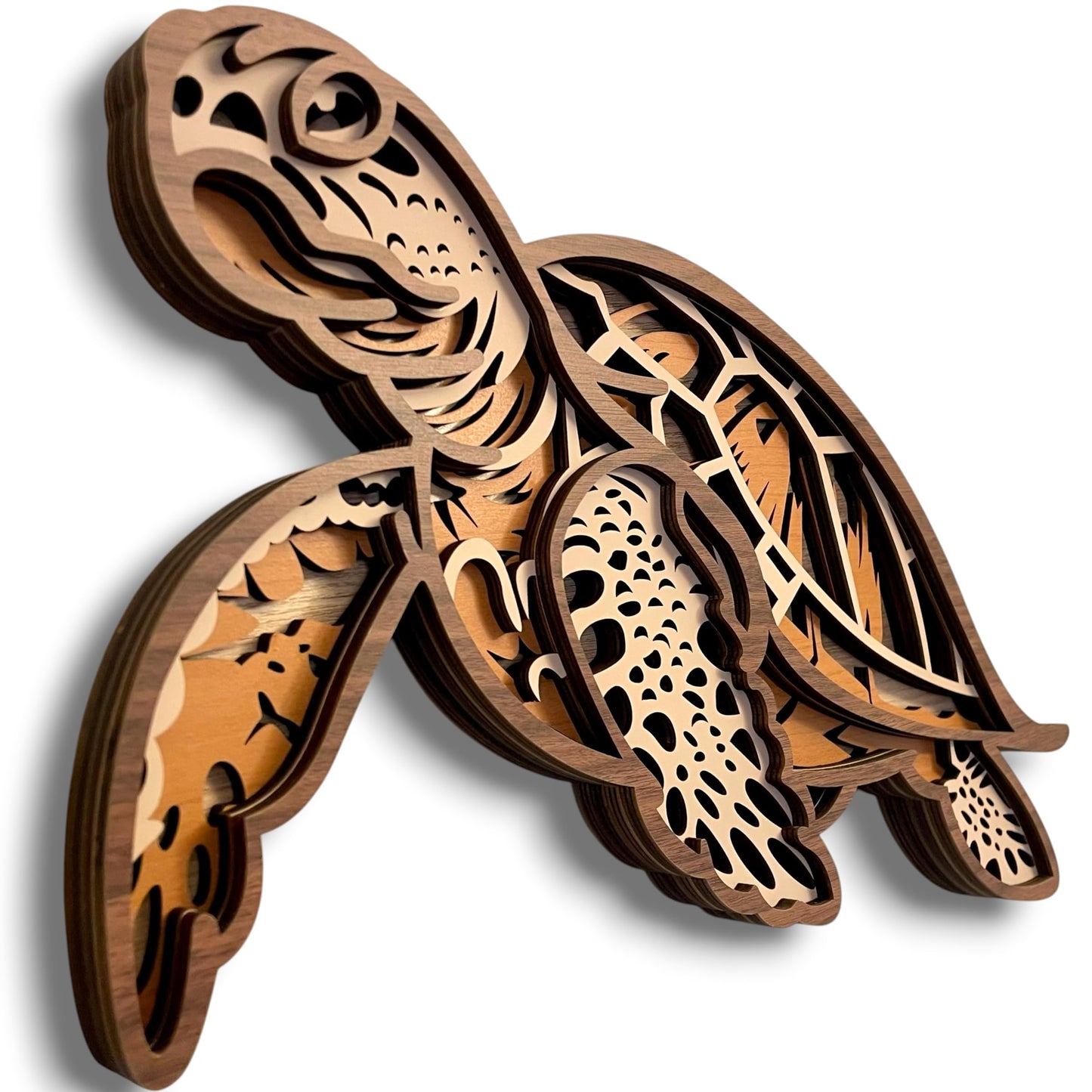 Fossil King Sea Turtle Wall Decor Large 15" – 3D Layered Wood Coastal Wall Art Beach House Ocean Decor