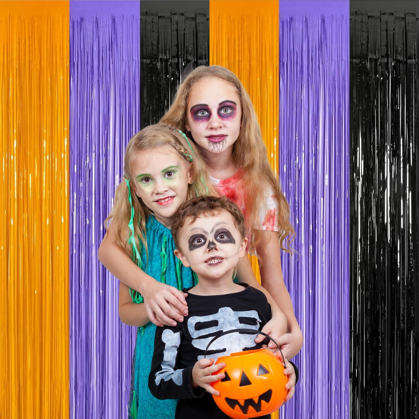 3 Packs 3.3ft x 6.6ft Orange Purple Black Metallic Tinsel Foil Fringe Curtains Photo Booth Props for Halloween Birthday Bridal Shower Baby Shower Bachelorette Holiday Celebration Party Decorations