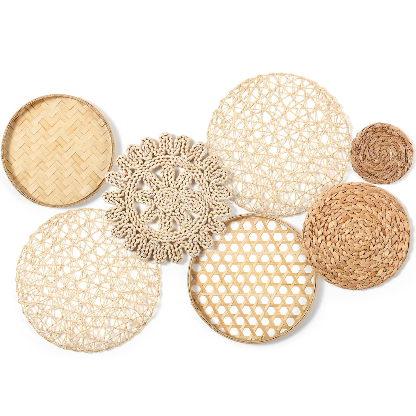 Hushee 7 Pcs Boho Wall Basket Decor, Seagrass Woven Round Bohemian Hanging Basket for Wall Handmade Hanging Rustic Flat Art Decor for Farmhouse Bedroom Living Room Display Table Settings Kitchen Home