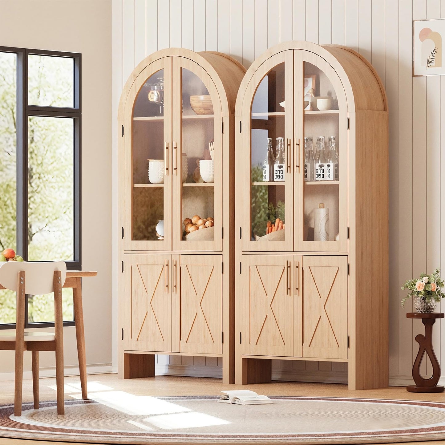 Garvee 60" Kitchen Pantry Storage Cabinet, Large Arched Display Cabinet with 4 Glass Doors, 4-Tier Freestanding Organizer for Bathroom, Entryway, Dining Room, Modern Wood Storage Hutch