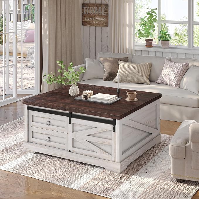 Itaar 39.4'' Lift Top Coffee Table with Storage, Farmhouse Coffee Tables for Living Room, Square Coffee Table with Large Hidden Compartment & 2 Drawers & Adjustable Shelves, Vintage White+Walnut