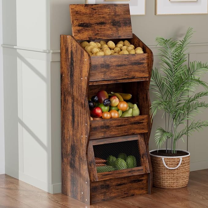 Potato and Onion Storage Bin with Lid, Root Vegetable Storage Rustic Bread Box for Kitchen Pantry, Wooden Bread Cabinet Fruit Storage Rack,Brown