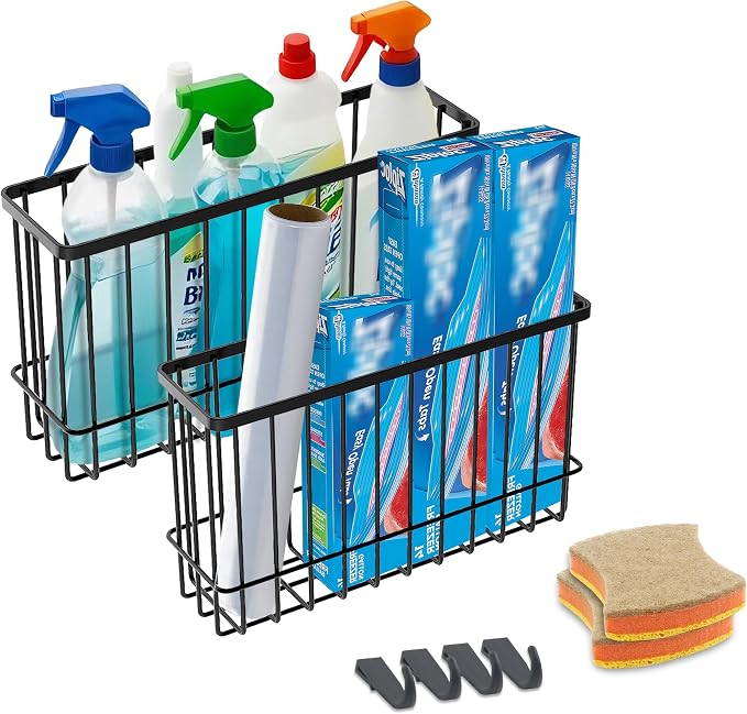 Cabinet Door Organizer Basket 2 Pack, Foil and Plastic Wrap Organizer with 2 Sponges, Lid Organizers Inside Cabinet, Metal Basket for Kitchen Organizers and Storage, Utility, Black (Medium,Large)
