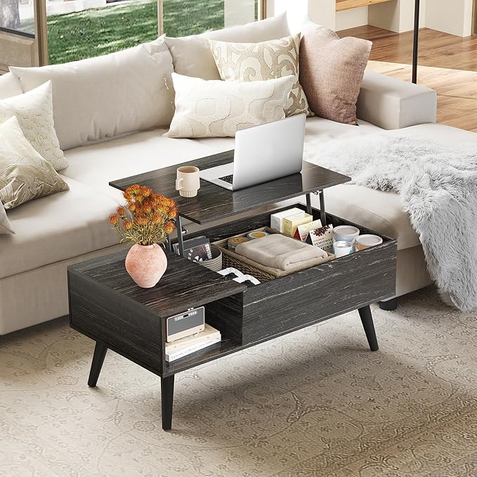 WLIVE Coffee Table for Living Room, Lift Top Coffee Table with Storage, Small Rising Wooden Dining Center Table with Storage Shelf & Hidden Compartment, 39" Black Oak